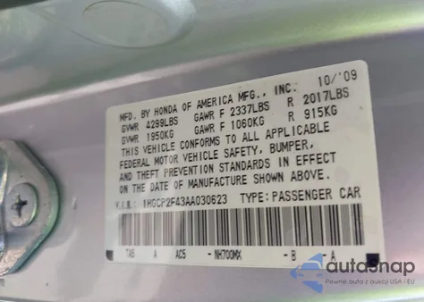 2010 Honda Accord 2.4 Lx-P из США, поврежденный, VIN 1HGCP2F43AA030623